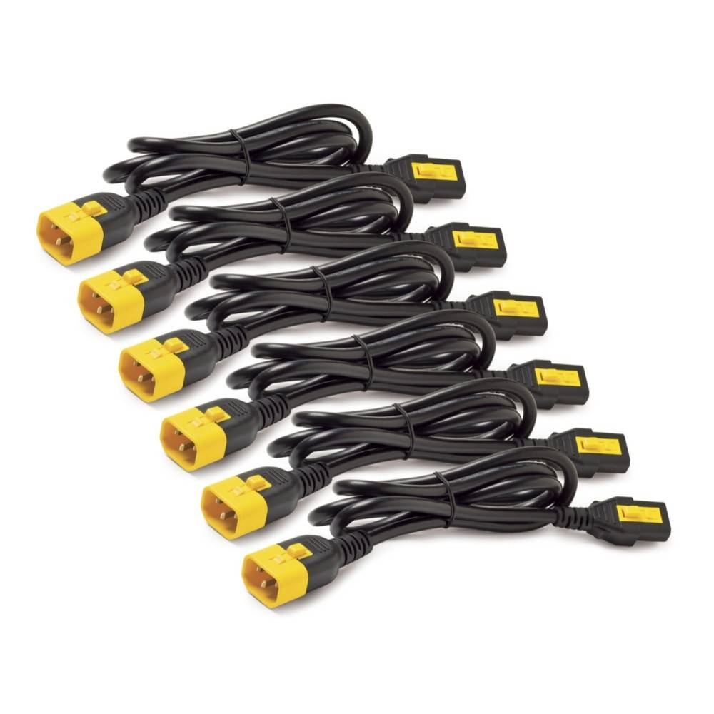 Fünf schwarze Netzkabel, jedes mit einem gelben Stecker, sind ordentlich in parallelen Reihen angeordnet.
