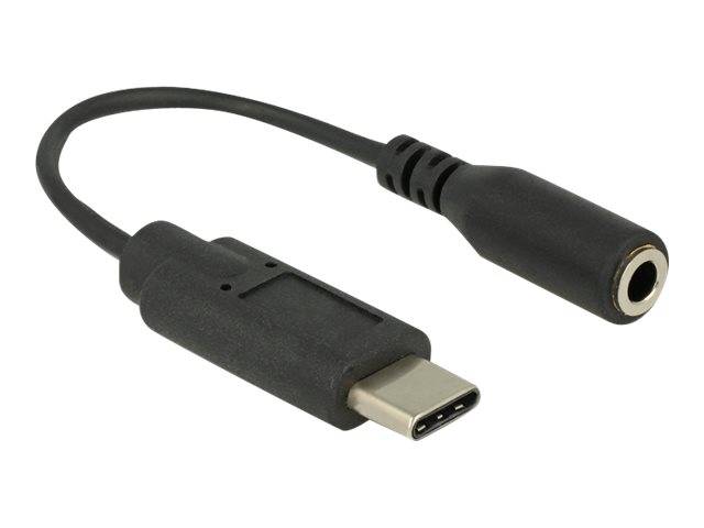 USB-C auf 3,5-mm-Kopfhörerbuchsen-Adapterkabel, schwarz, auf weißem Hintergrund abgebildet.