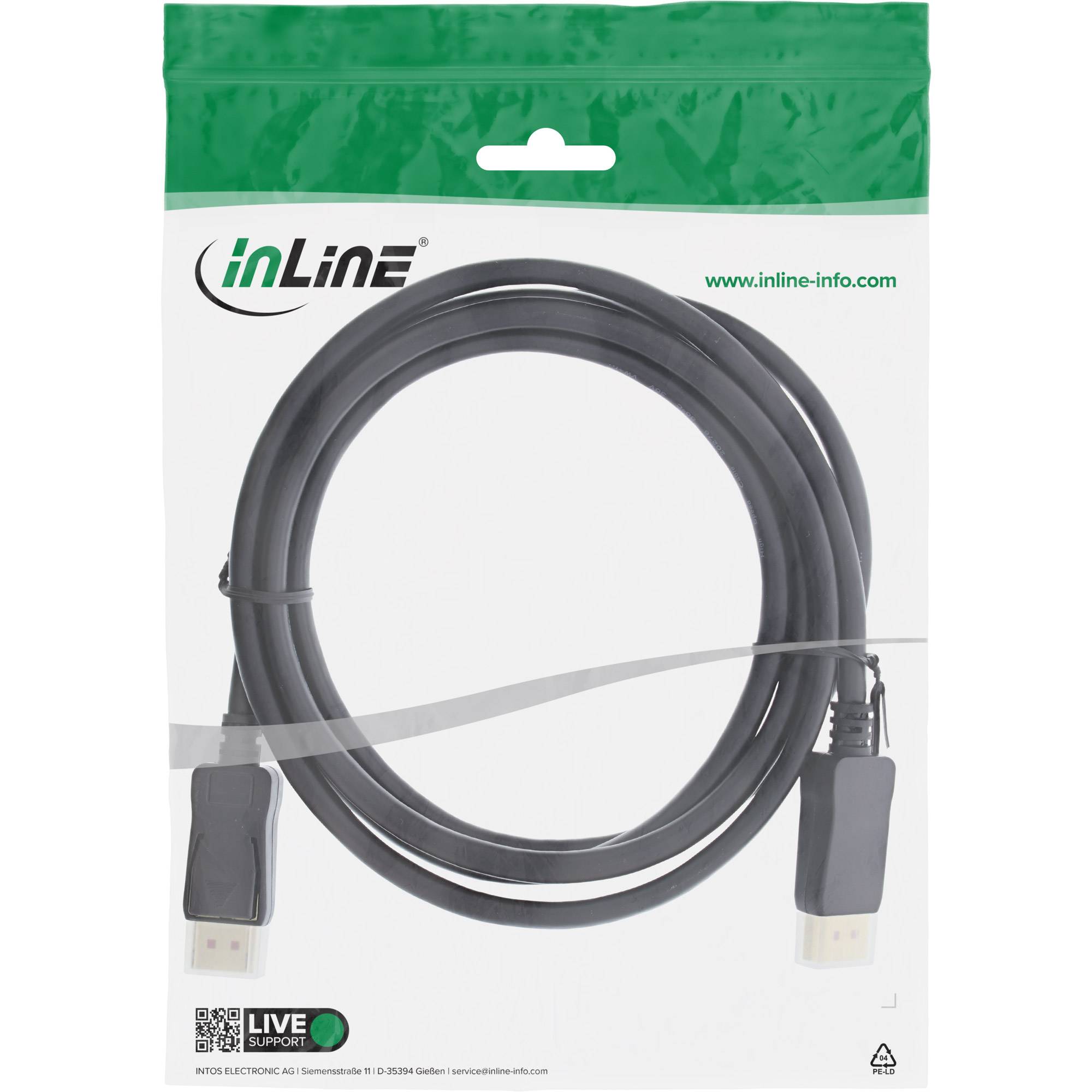 Verpacktes schwarzes HDMI-Kabel mit eingefügtem Markenlogo auf weißer und grüner Einzelhandelsverpakkkung.