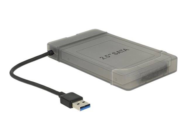 Externes 2,5-Zoll-SATA-Festplattengehäuse mit angeschlossenem USB-Kabel und Anschluss auf weißem Hintergrund.