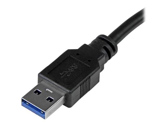 Nahaufnahme eines schwarzen USB-3.0-Kabels mit blauem Stecker auf weißem Hintergrund.
