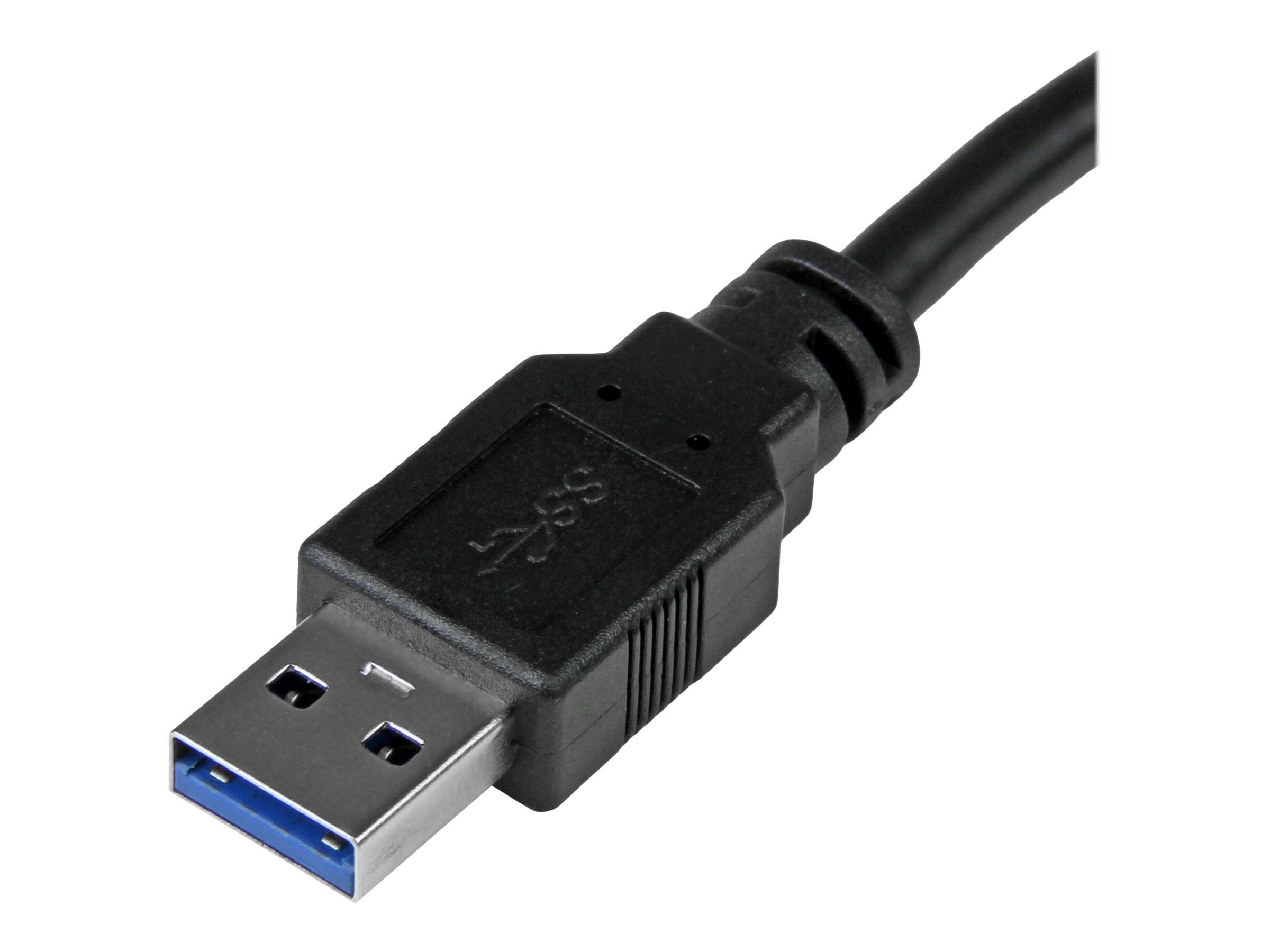 Nahaufnahme eines schwarzen USB 3.0 Typ-A-Steckers auf weißem Hintergrund.