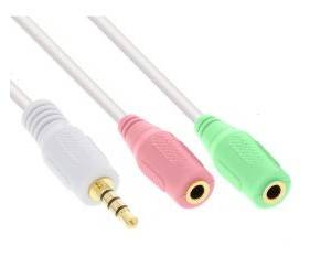 Ein Audio-Splitter-Kabel mit einem männlichen 3,5-mm-Klinkenstecker an einem Ende und zwei weiblichen 3,5-mm-Anschlüssen, grün für Kopfhörer und rosa für Mikrofon.