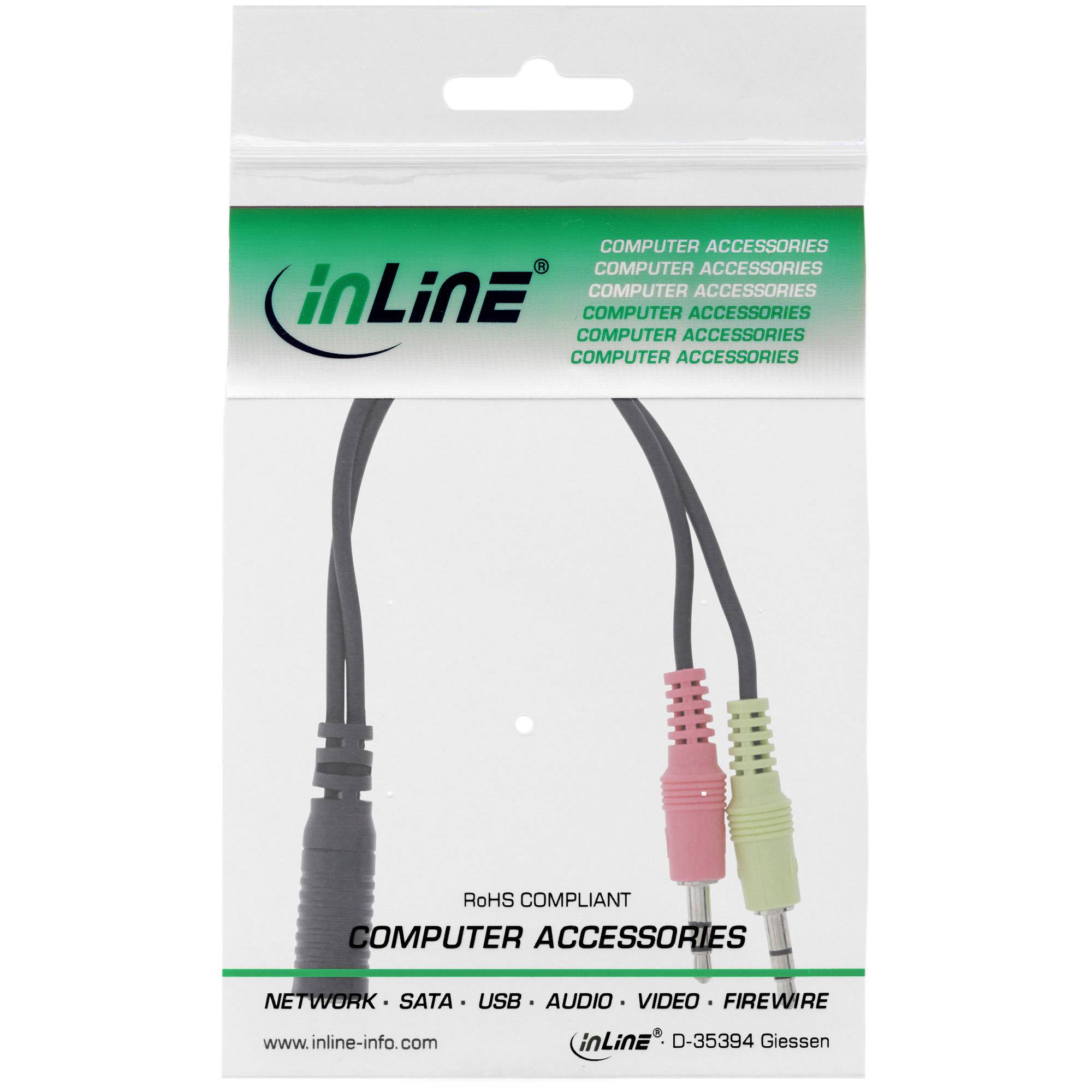 INLINE - Audio Headset Adapterkabel - 2x 3,5mm Stecker an 3,5mm Buchse CTIA - 0,15m