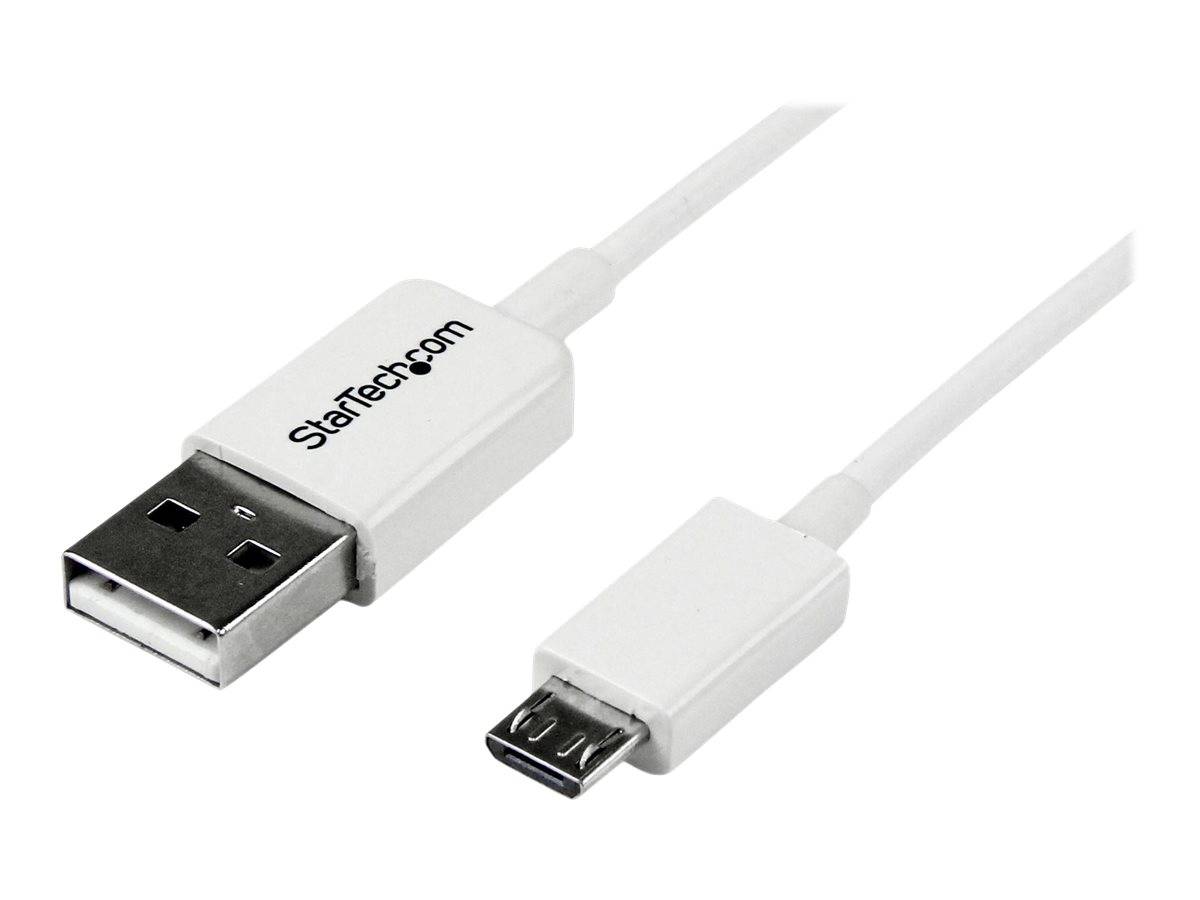 Weißes USB-A-zu-Micro-USB-Kabel mit StarTech.com-Branding, auf neutralem Hintergrund dargestellt.