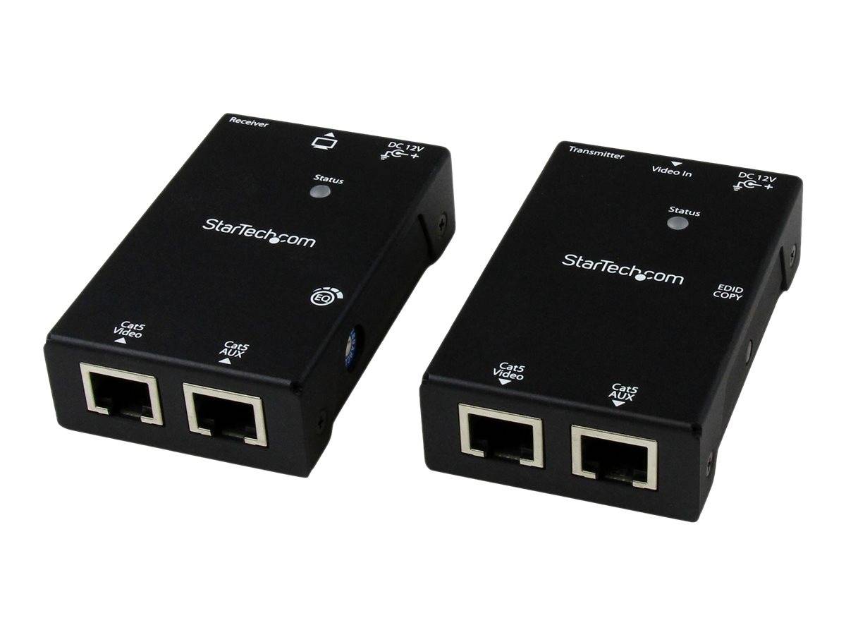 Zwei schwarze StarTech.com Ethernet-Videoverlängerungsgeräte mit der Bezeichnung Empfänger und Sender, jeweils mit RJ45-Anschlüssen und Statusanzeigen.
