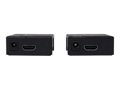 Zwei kleine schwarze elektronische Adapter, nebeneinander angeordnet, jeder mit einer Stromanschlussbuchse und einem HDMI-Anschluss auf der Vorderseite.