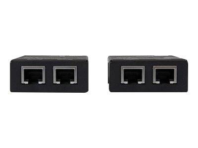 Zwei schwarze rechteckige Dual-Port-Stecker, jeweils mit zwei RJ-Buchsen, nebeneinander auf weißem Hintergrund dargestellt.