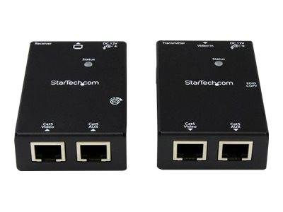 Zwei schwarze StarTech.com-Netzwerk-Verstärkerboxen mit der Beschriftung Empfänger und Sender, jeweils mit zwei Ethernet-Anschlüssen und einer Statusanzeige.