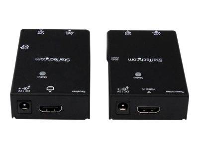 Zwei schwarze StarTech.com-Videokonverter nebeneinander dargestellt, jeder mit einer Strombuchse und einem HDMI-Anschluss an der Vorderseite.