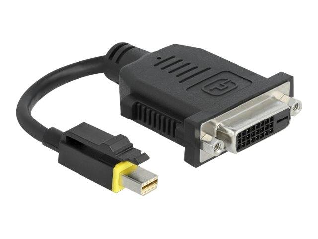 Ein schwarzes Adapterkabel, das einen Mini-DisplayPort-Stecker mit einem DVI-Anschluss verbindet, wird verwendet, um einen Computer mit einem externen Monitor zu verbinden.