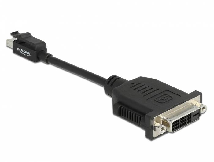 Schwarzes DVI-zu-DisplayPort-Adapterkabel mit Steckverbindern an beiden Enden, dargestellt auf weißem Hintergrund.