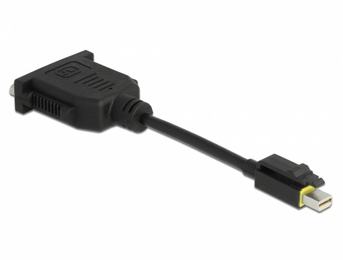 Schwarzes Adapterkabel mit einem DisplayPort-Anschluss an einem Ende und einem größeren Videoanschluss am anderen Ende, gezeigt auf weißem Hintergrund.