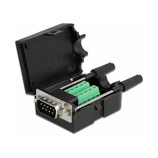 Offenes elektronisches Steckerterminalblock mit DB9-Stecker und grünen Schraubklemmen, dargestellt mit offener schwarzer Schutzkappe.