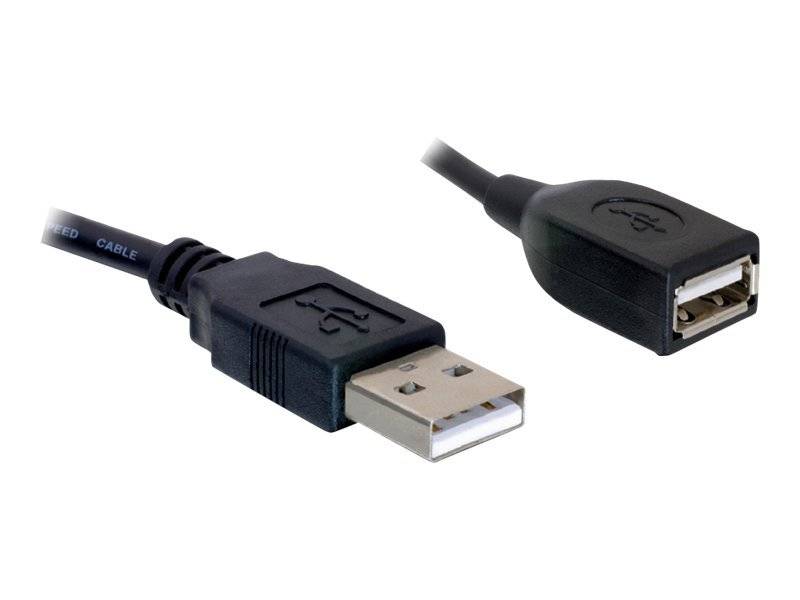 USB-Kabel mit einem Standard-USB-A-Stecker und Buchsenverbinder auf weißem Hintergrund.