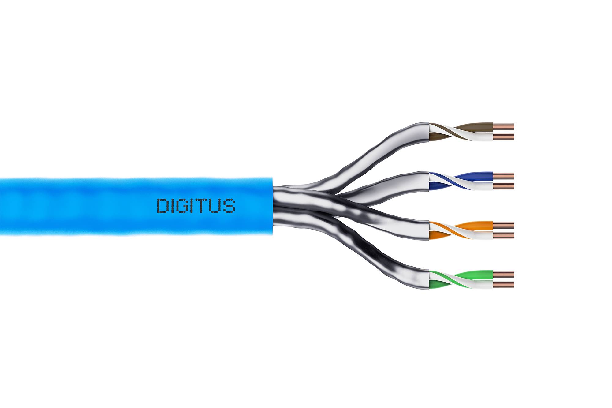 Illustration eines Digitus-Ethernetkabels aufgeteilt in vier farbcodierte verdrehte Adernpaare mit freiliegenden Kupferenden.