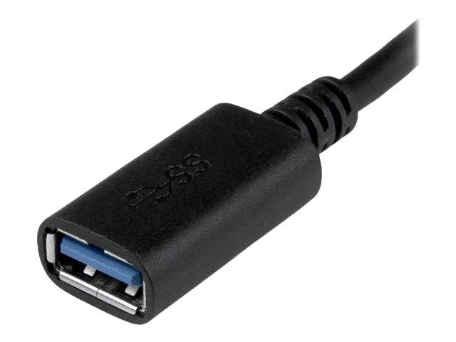 Nahaufnahme eines schwarzen USB-Verlängerungsadapters mit einem weiblichen USB-A-Anschluss und angeschlossenem Kabel auf weißem Hintergrund.