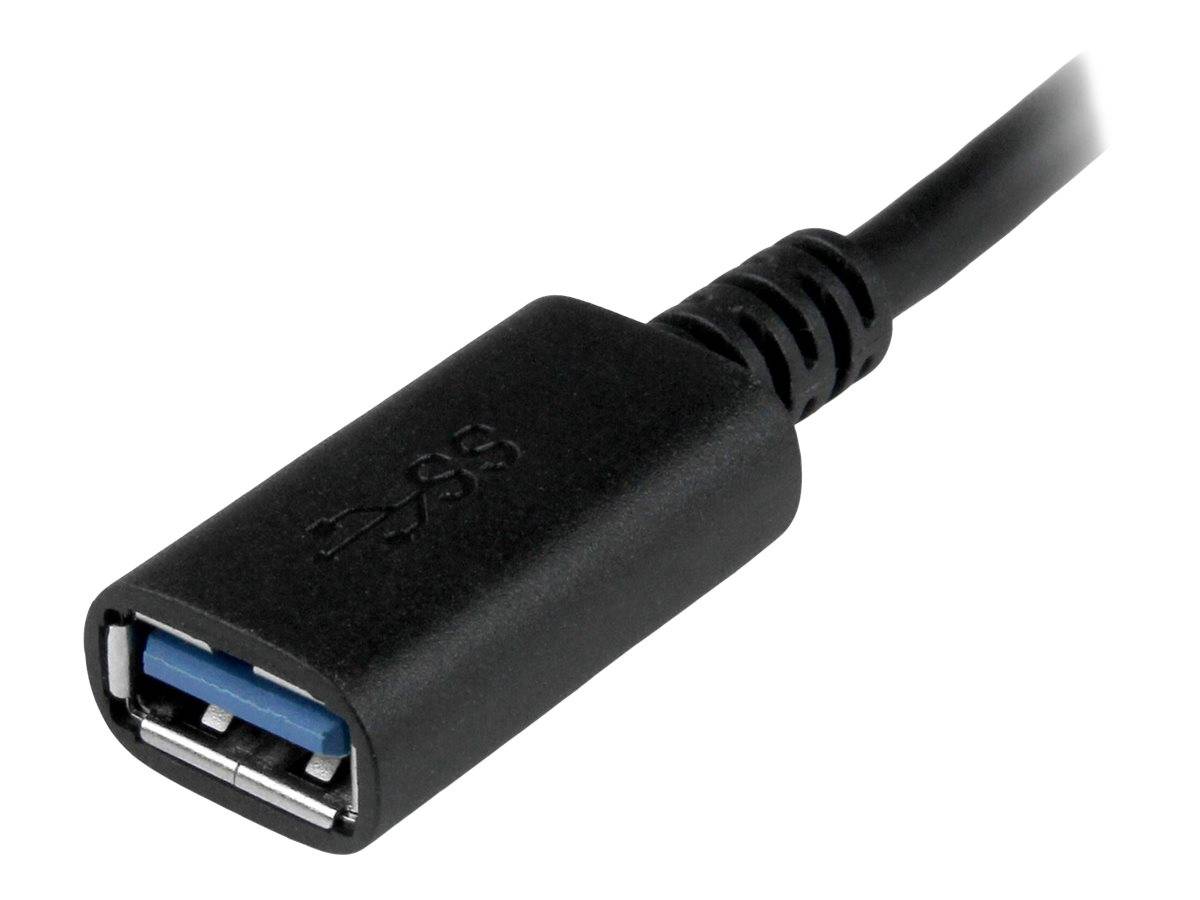 USB-Kabel mit weiblichem Anschluss, schwarzem Gehäuse und blauem Port-Einsatz, gezeigt auf weißem Hintergrund.