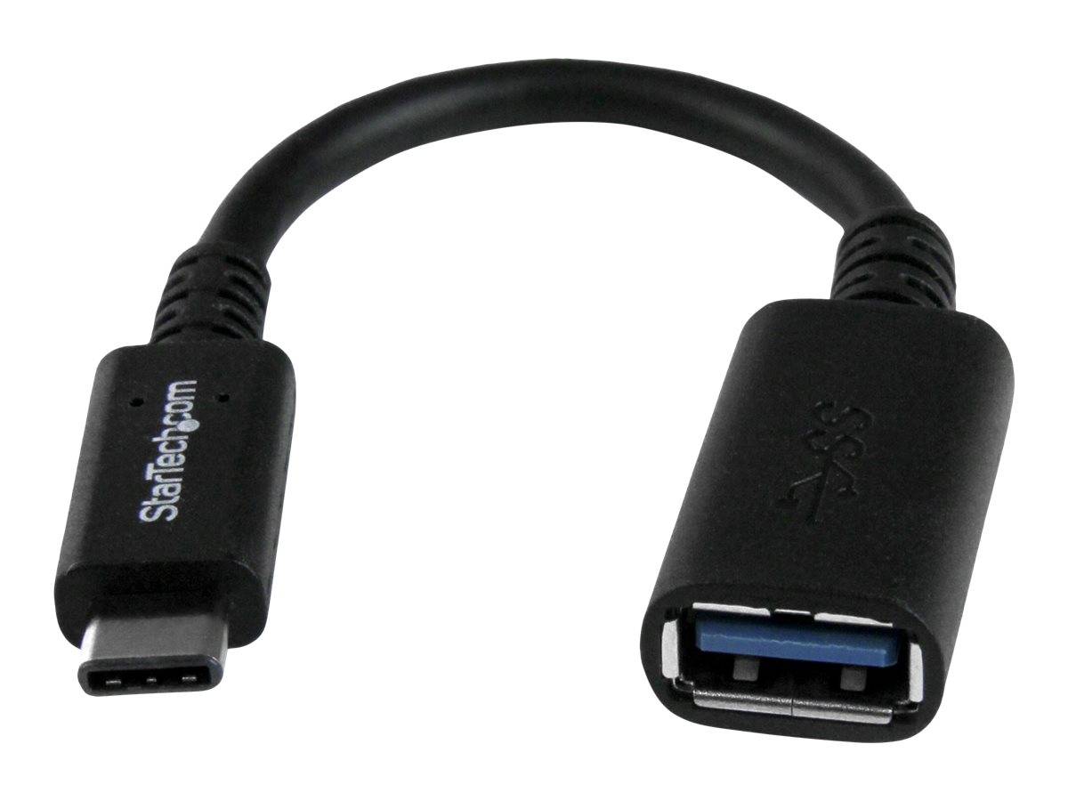 USB-C auf USB-A Adapterkabel mit einem kurzen schwarzen Stecker an jedem Ende, gezeigt auf weißem Hintergrund.