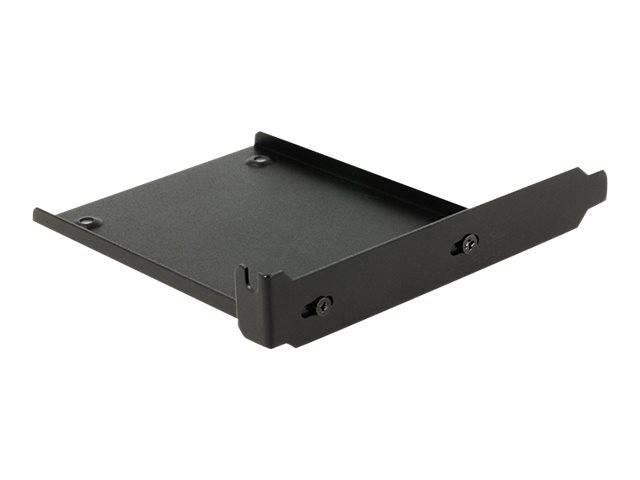 Schwarze Metall-Montageklammer oder Schubladenschale mit erhöhten Seiten und Schraubenlöchern, shown on a white background.