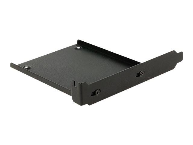 Schwarzes Metall-Montagetablett oder Halterung mit erhöhten Kanten und Schraubenlöchern, gezeigt auf weißem Hintergrund.