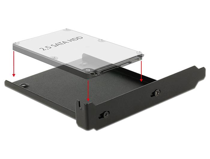 2,5-Zoll-SATA-Festplatte über einer Laufwerksschacht-Halterung ausgerichtet, mit Pfeilen, die zeigen, wie sie in das Tablett gleitet.