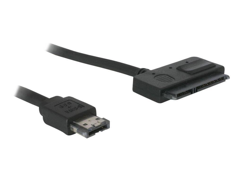 Nahaufnahme eines USB-zu-SATA-Datenkabels mit einem Standard-USB-Stecker an einem Ende und einem SATA-Anschluss am anderen Ende, gezeigt auf weißem Hintergrund.