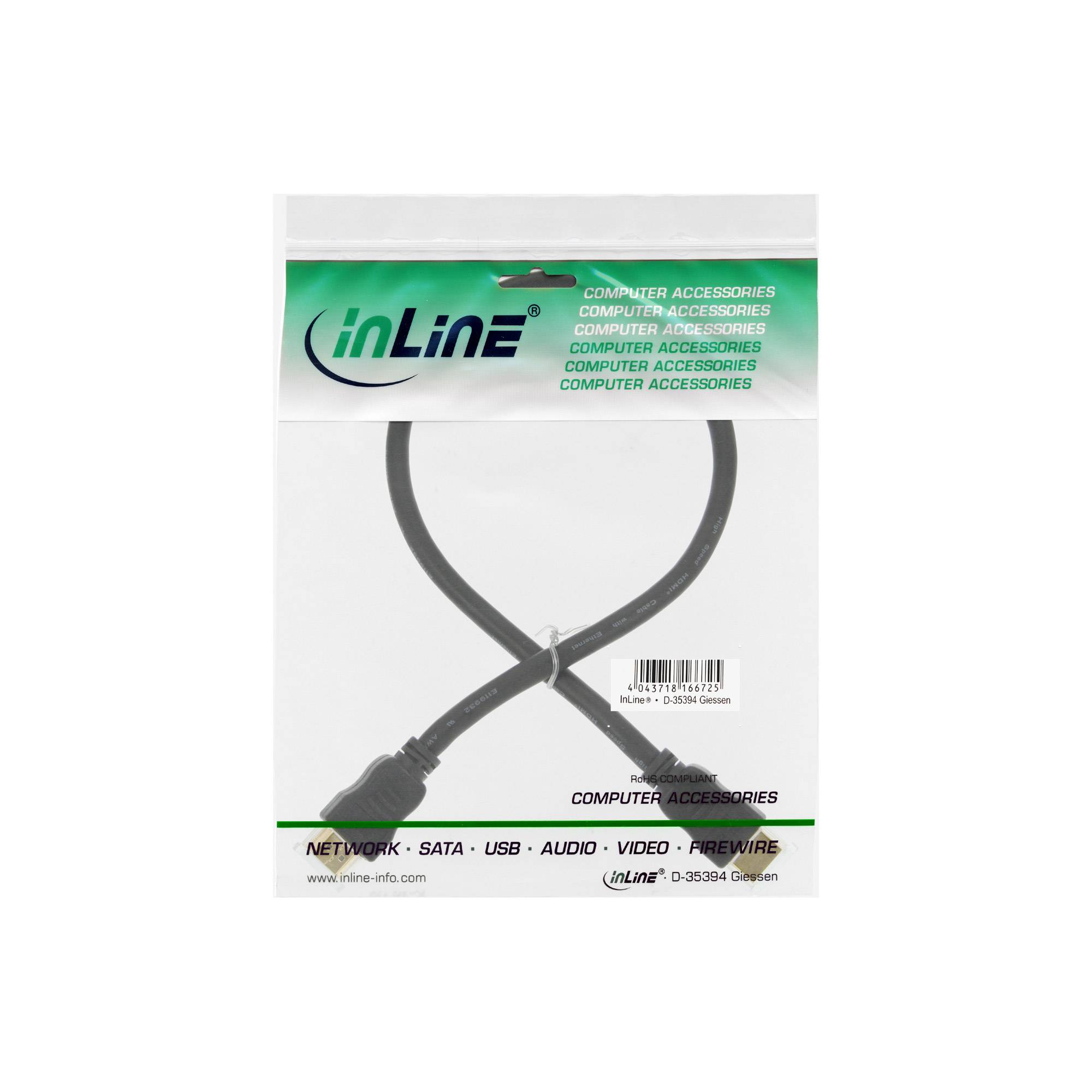 INLINE - HDMI-High Speed Kabel mit Ethernet - ST / ST - schwarz / gold - 0,3m