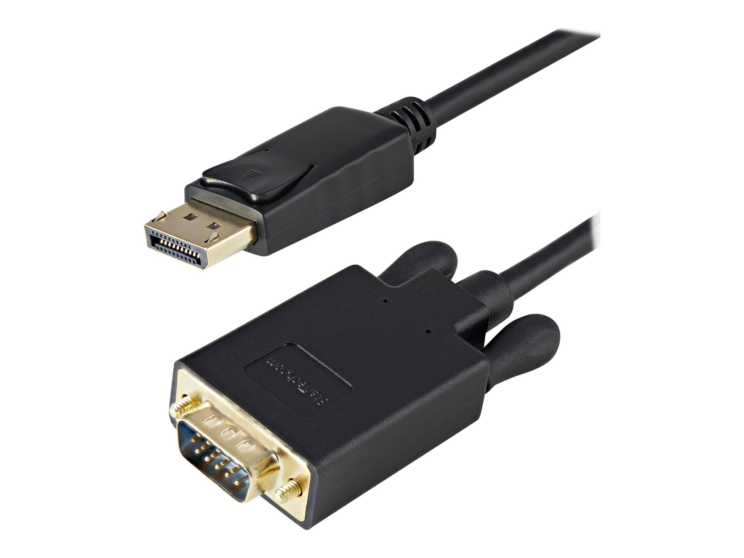 DisplayPort-zu-VGA-Adapterkabel mit einem DisplayPort-Stecker und einem VGA-Buchse an einem schwarzen Kabel.