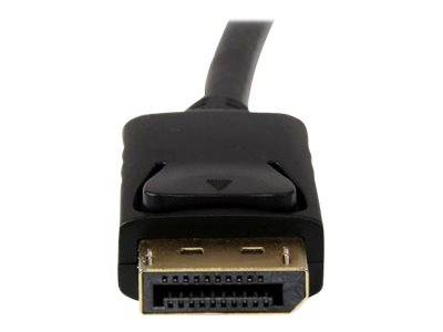 Nahaufnahme eines DisplayPort-Kabelsteckers mit schwarzem geformtem Stecker und Verriegelungsfreigabetaste auf weißem Hintergrund.