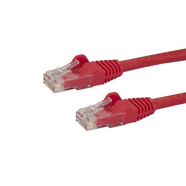 Zwei rote Ethernet-Netzwerkkabel mit transparenten RJ45-Steckern auf weißem Hintergrund.