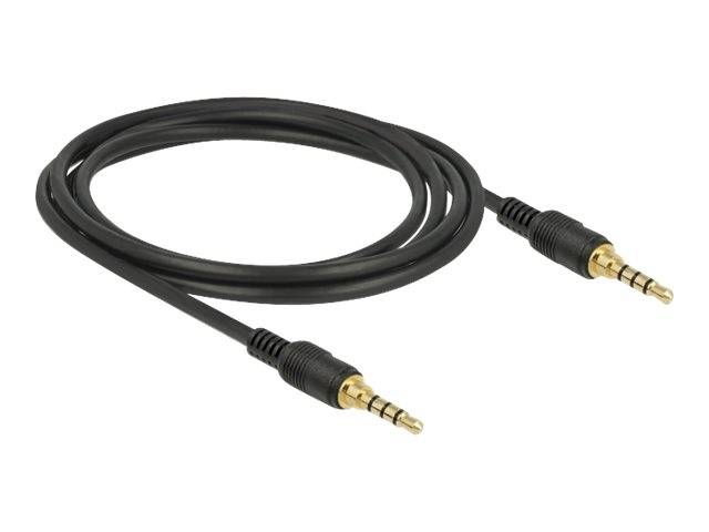Schwarzes Audiokabel mit vergoldeten 3,5-mm-Stereostecker auf beiden Seiten.