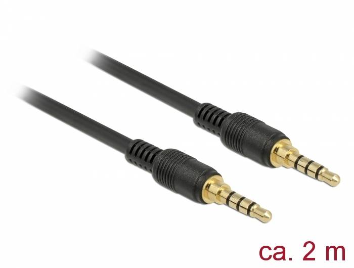 Zwei schwarze Audiokabel mit vergoldeten 3,5-mm-Stereosteckern, gekennzeichnet mit „ca. 2 m