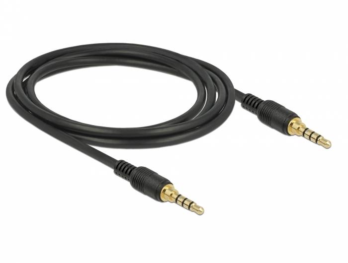 Aufgerolltes schwarzes 3,5-mm-Audio-Klinkenkabel (Klinke-zu-Klinke) mit vergoldeten Steckern auf weißem Hintergrund.