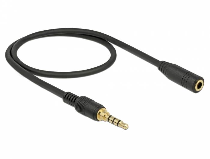 Schwarzes Audio-Adapterkabel mit 3,5-mm-Stecker auf der einen Seite und Buchse auf der anderen Seite.