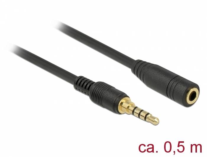 Schwarzes Audiokabel mit 3,5-mm-Stecker und Buchse, gekennzeichnet mit „ca. 0,5 m