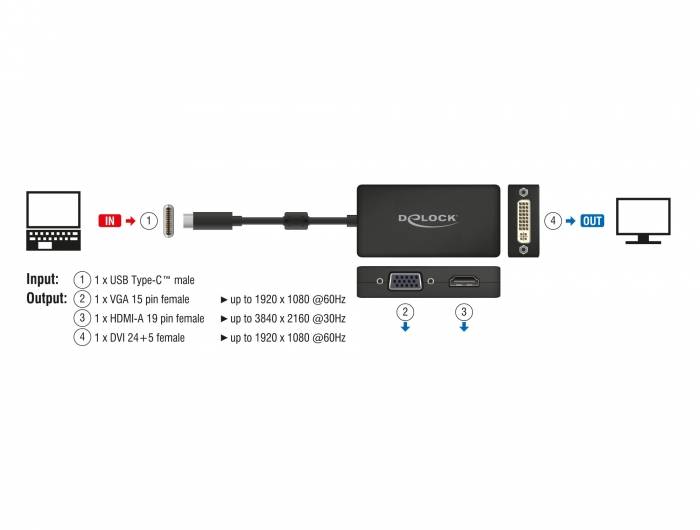 DeLOCK - Externer Videoadapter - USB-C - DVI, HDMI, VGA