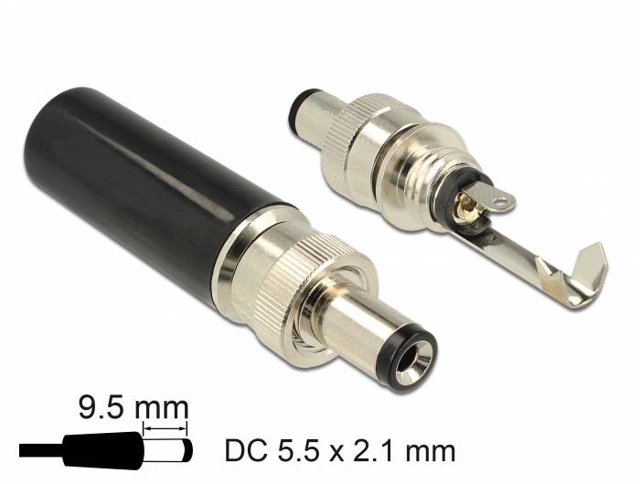 Zwei Metall-Gleichstrom-Stecker-Adapter für Fassverbindungen, beschriftet mit 9,5 mm und DC 5,5 x 2,1 mm, dargestellt mit Steckergrößenvergleich.