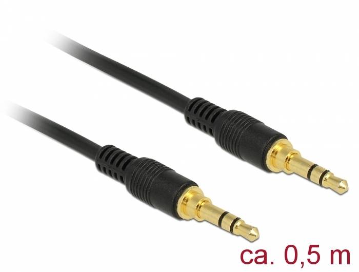 Zwei schwarze 3,5-mm-Audiokabel mit vergoldeten Steckern, gekennzeichnet mit „ca. 0,5 m