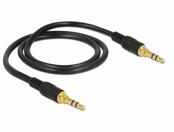 Schwarzes Audiokabel mit vergoldeten 3,5-mm-Stereosteckern an beiden Enden, aufgerollt auf weißem Hintergrund
