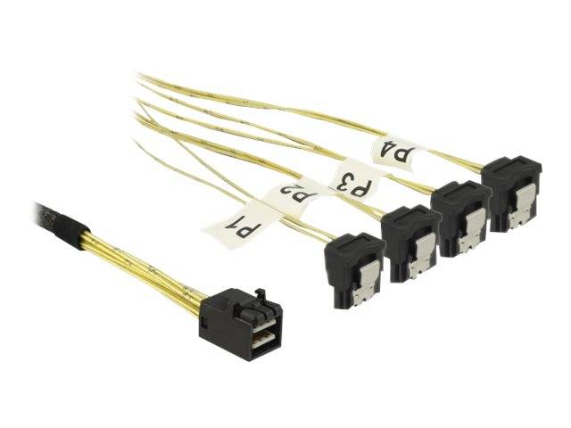 Computerkabelbaum mit vier beschrifteten Steckverbindern (P1–P4), die von einem einzigen schwarzen Stecker auf weißem Hintergrund abzweigen.