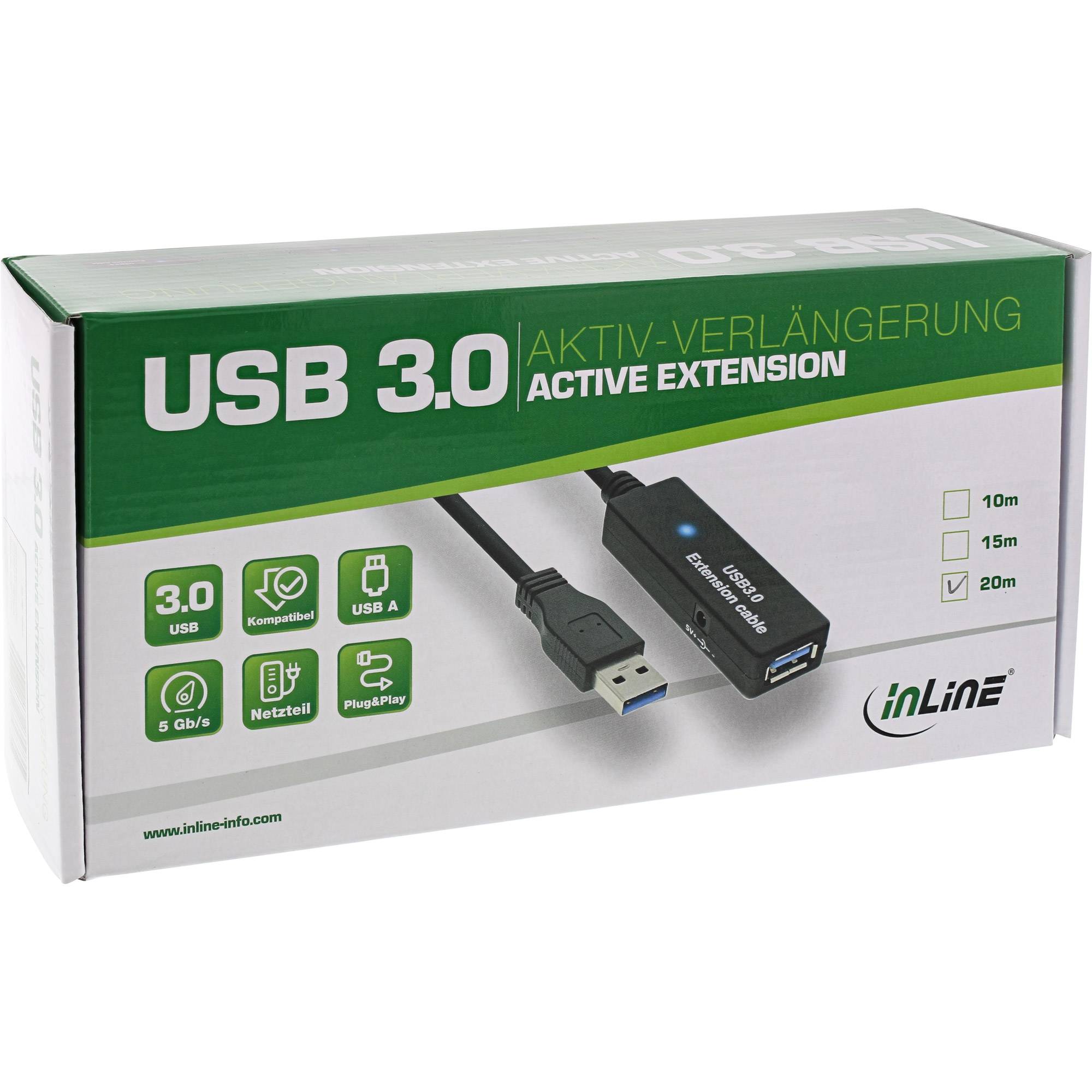 INLINE - USB 3.2 Gen.1 Aktiv-Verlängerung - Stecker A an Buchse A - schwarz - 15m
