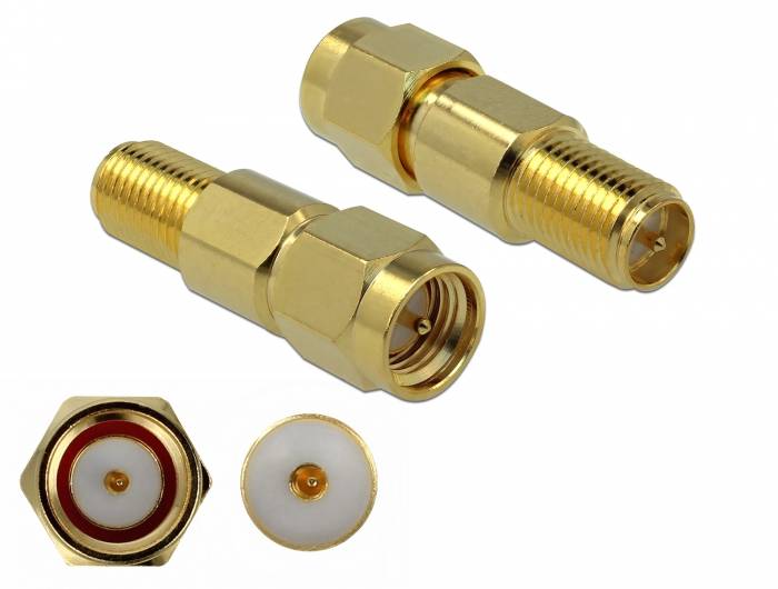 Gold-plattierte koaxiale Adapterstecker, die aus mehreren Winkeln gezeigt werden, einschließlich Gewindelenden und kreisförmiger Ansichten der Anschlussöffnungen auf weißem Hintergrund.