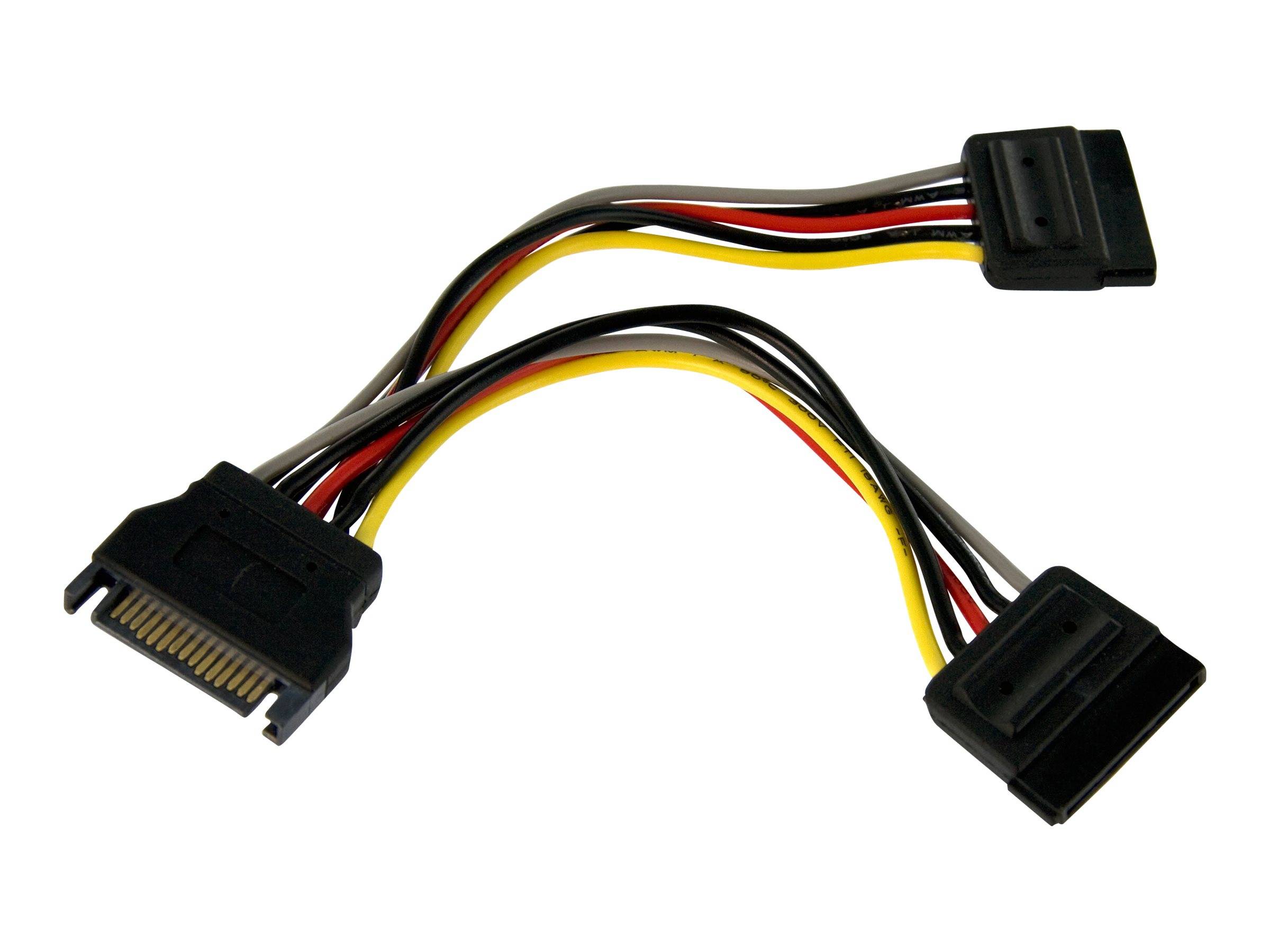 SATA-Stromverteiler-Kabel mit einem männlichen Anschluss und zwei weiblichen Anschlüssen auf weißem Hintergrund.