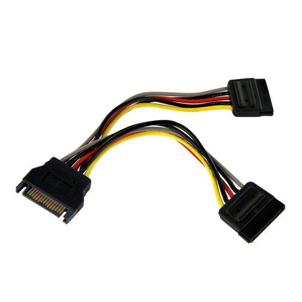 SATA-Stromverteilerkabel mit einem Eingangsstecker und zwei Ausgangssteckern auf weißem Hintergrund.