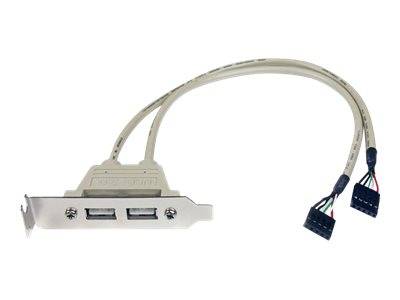 Dual-USB-Halterungskabel mit zwei USB-A-Anschlüssen auf einer Metall-PCI-Slotblende und zwei 5-poligen Motherboard-Steckverbindern