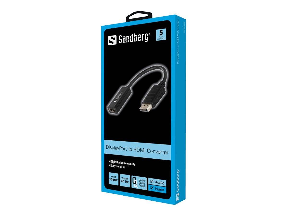 Sandberg DisplayPort zu HDMI Konverter in blauer Einzelhandelsverpackung, mit einem kurzen Kabeladapter und Funktionssymbolen für Audio und Video.