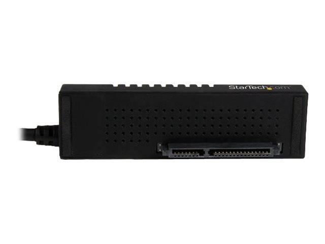 Black StarTech USB-zu-Laufwerk-Adapter-Box mit angeschlossenem Kabel und zwei vorderen Laufwerk-Anschlüssen auf weißem Hintergrund