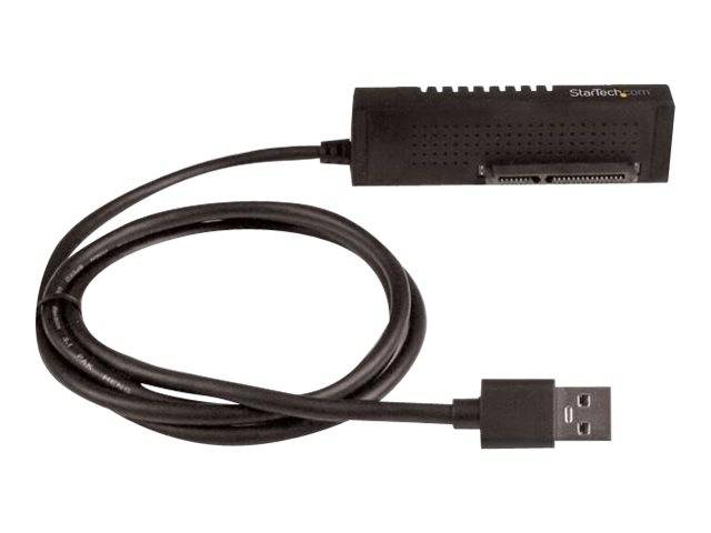 USB-Kabel mit StarTech-Adapterbox und angeschlossenem männlichem USB-Stecker auf weißem Hintergrund.