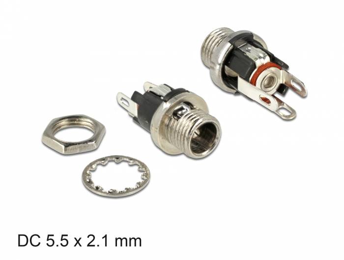 DC 5,5 x 2,1 mm Panelmontage-Hohlstecker mit Mutter und Sicherungsscheibe in montierter und zerlegter Darstellung.